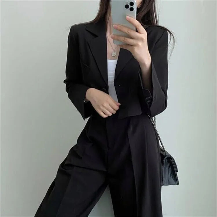 Suit Coat 2 Piece Set Women Blazer Jacket Straight Pants Ensemble Single Breasted Turn Down Collar Trousers Office Lady Outfits