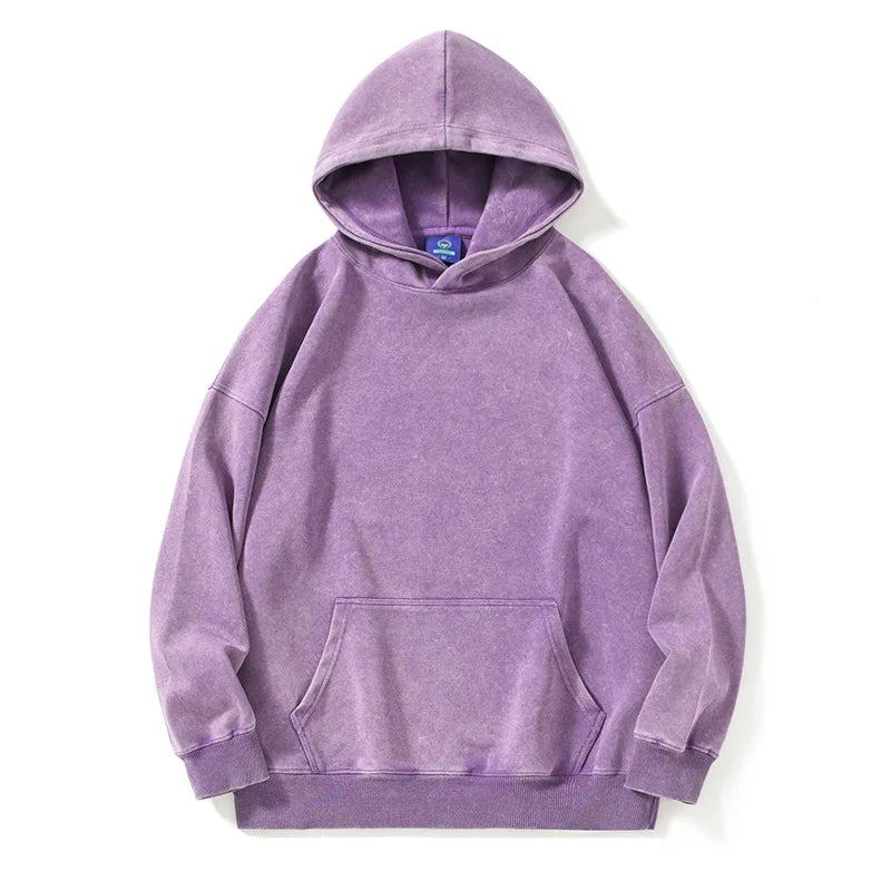 New Washed Retro Distressed Pure Cotton Hoodie for Men and Women, Solid Color Pullover, Fashionable Casual Hooded Sweatshirt