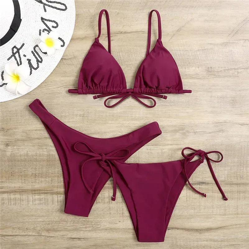 Women's Sexy 3-Piece Bikini Set - Push Up Bandage Triangle Swimsuit in Blue & Purple, Brazilian Beachwear