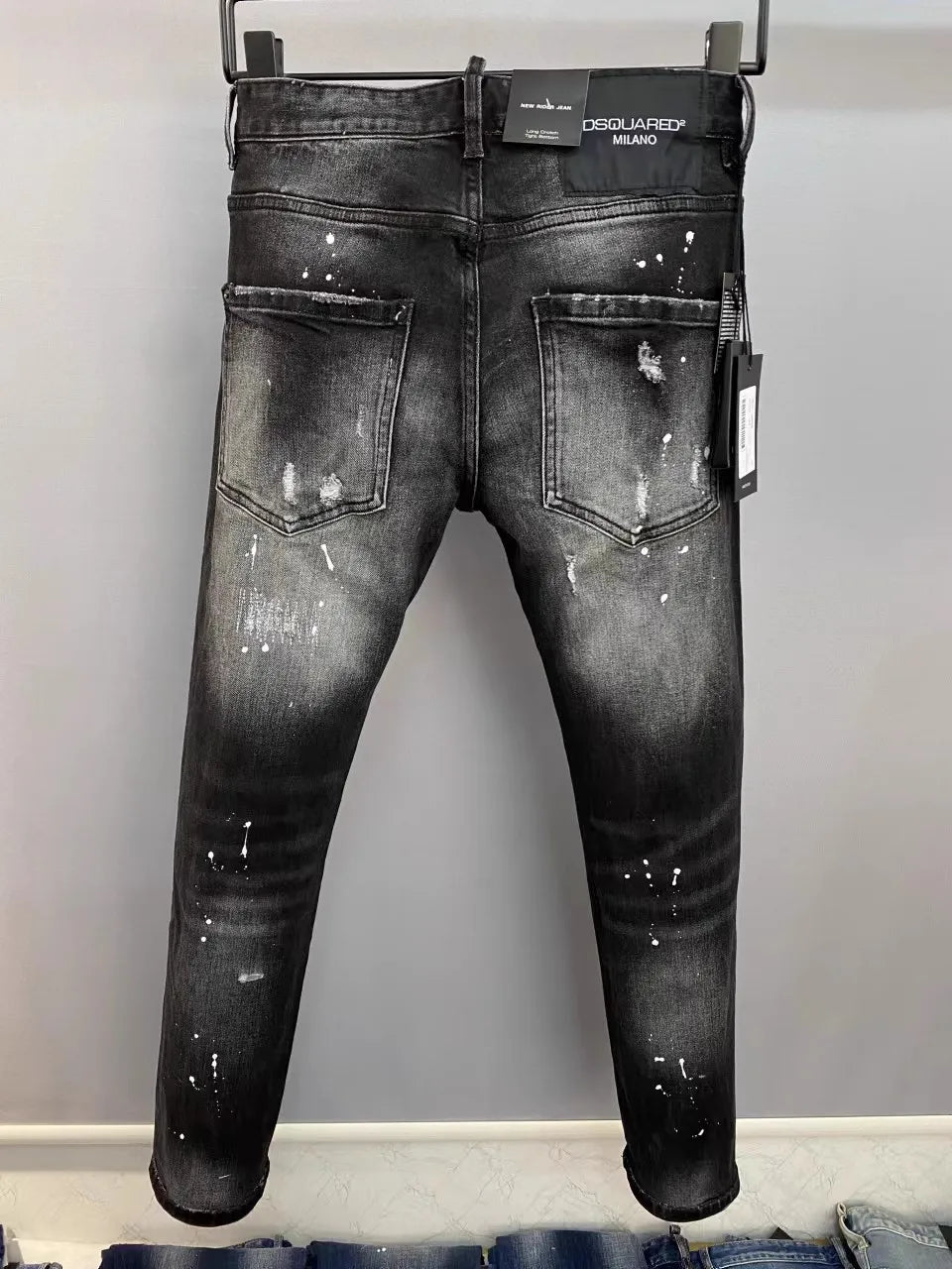 Light Luxury Washed Jeans Men's Trendy Brand Ruffian Handsome Black Ripped Patch Slim Fit Small Feet Casual Long Pants