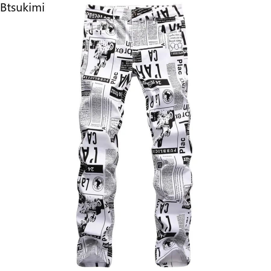 2026 Street Style Men’s Slim Stretch Jeans Trend Newspaper Full Print Personalized Stylish Sexy Denim Pants Men Casual Trousers