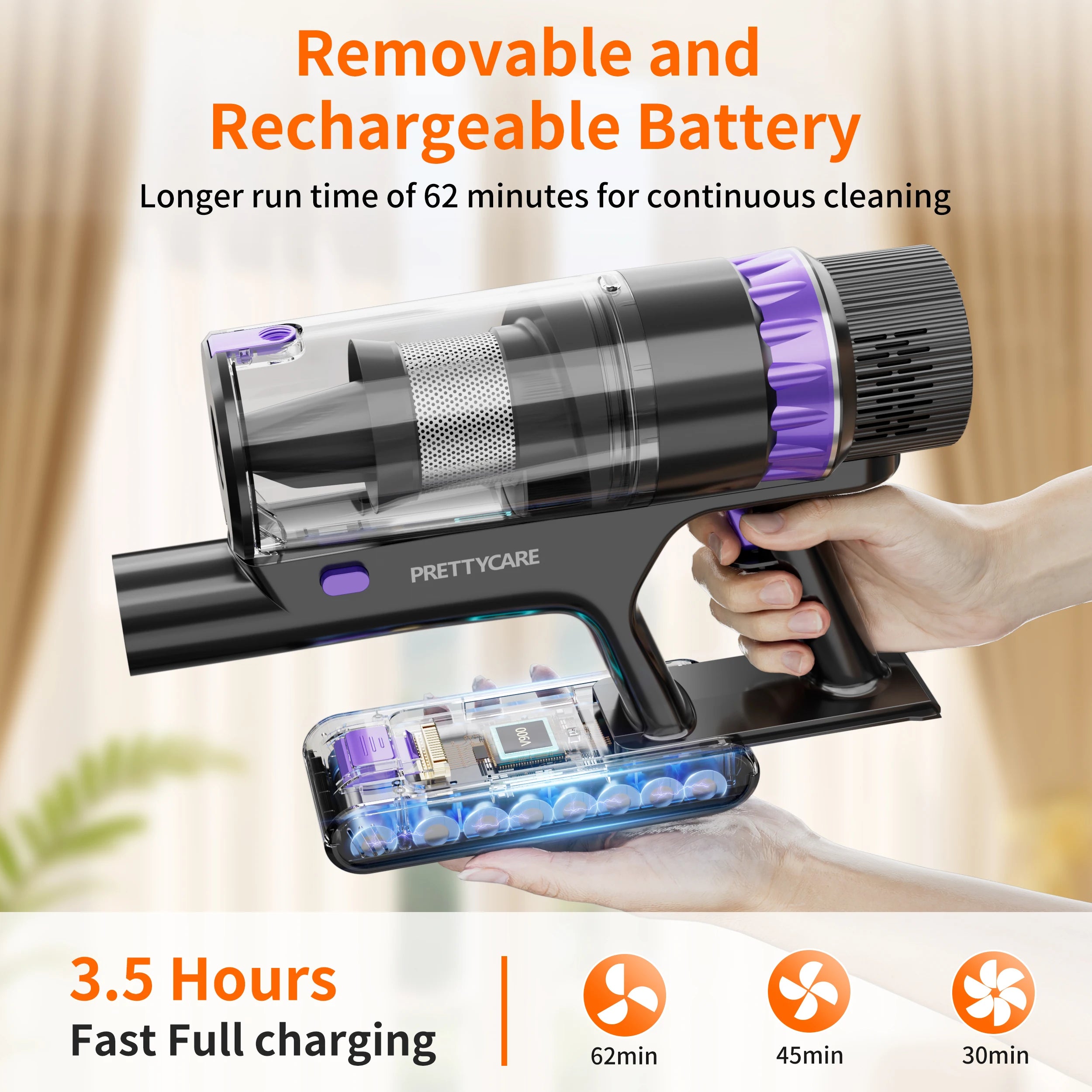 PrettyCare V900 Cordless Vacuum Cleaner 530W 52000PA Suction Power Vacuum Cleaner 62 Minutes Removable Battery Handheld Vacuum