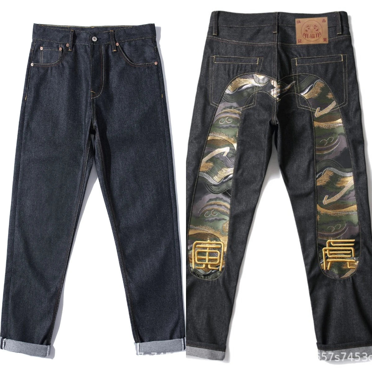 Men's Japanese Handmade Embroidered Jeans Pure Cotton Straight Tube Hip-Hop Popular Slim Red Ears Show Thin Trousers Devil Black