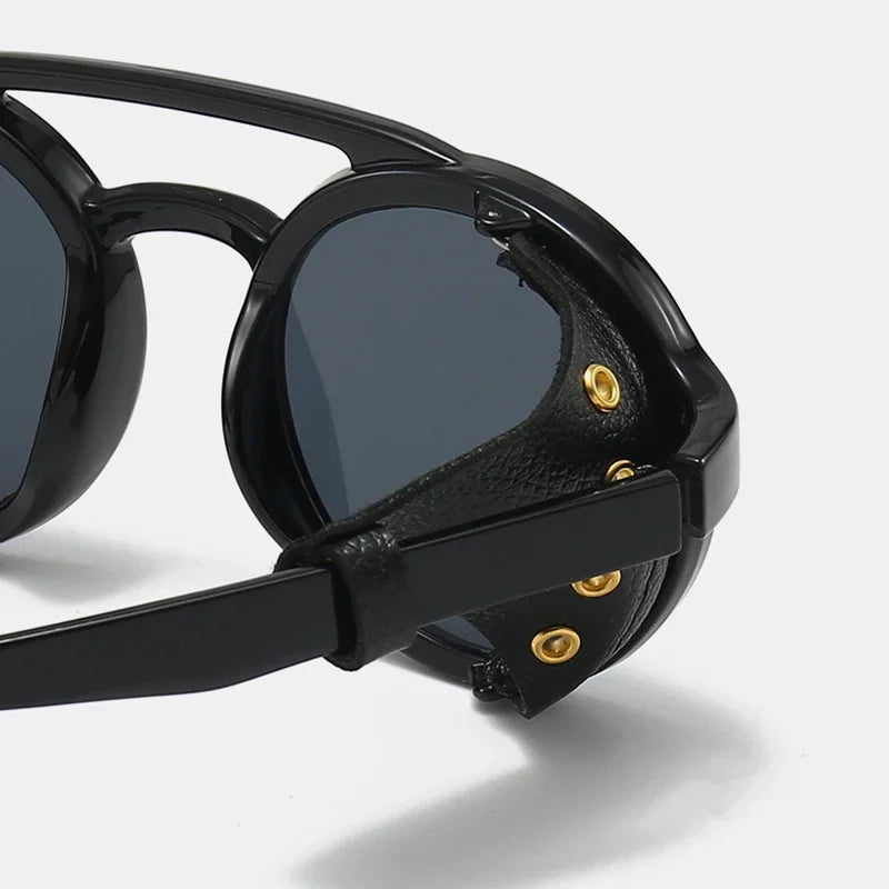 Retro Steampunk Sunglasses Men Women UV400 Round Punk Sun Glasses Vintage Goggles Leather Shades Outdoors Sports Eyewear