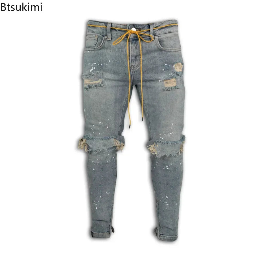 New 2026 Ripped Hole Jeans for Men Hip Hop Cargo Pant Distressed Denim Jeans Skinny Men Clothing Full Length Slim Trousers Male