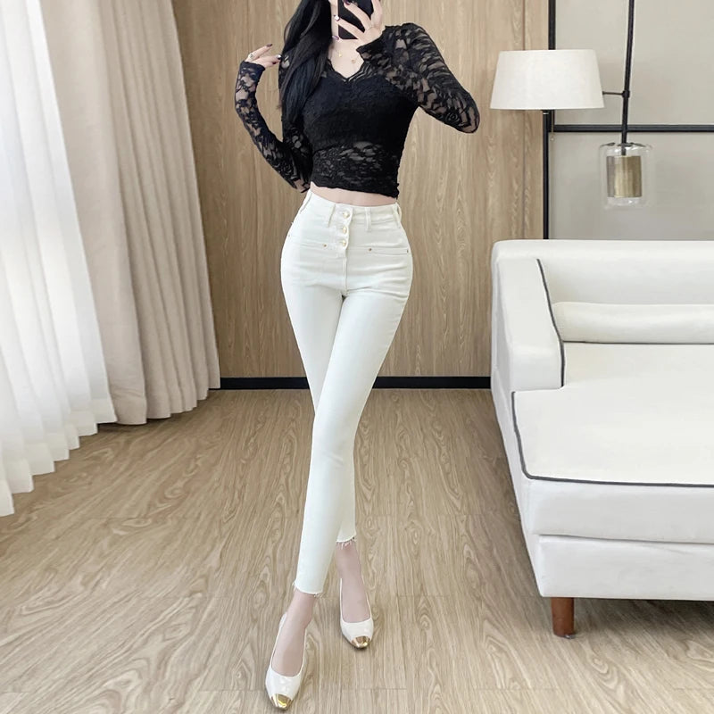New White Skinny Jeans Woman High Waist Casual Stretch Jeans Vintage Sexy Femme Ankle Length Pencil Pants Denim Jeans