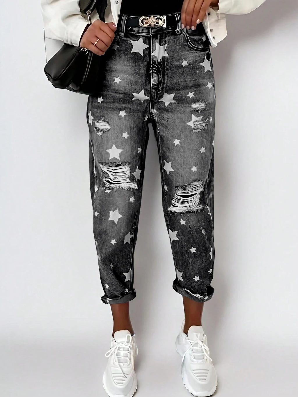 New Boyfriend Jeans Women's Slim Fit Ripped Jeans Fashion Women's Five-pointed Star Ripped Jeans Street Casual Blue Jeans 2025