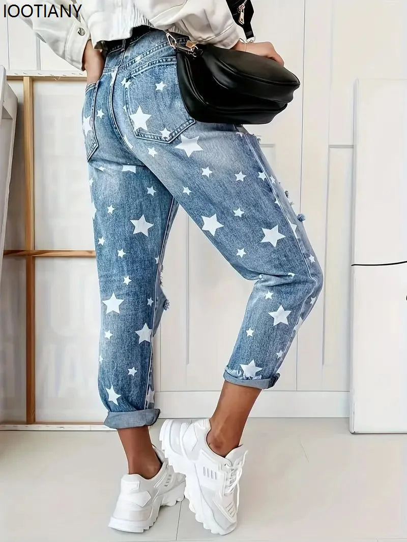 New Boyfriend Jeans Women's Slim Fit Ripped Jeans Fashion Women's Five-pointed Star Ripped Jeans Street Casual Blue Jeans 2025