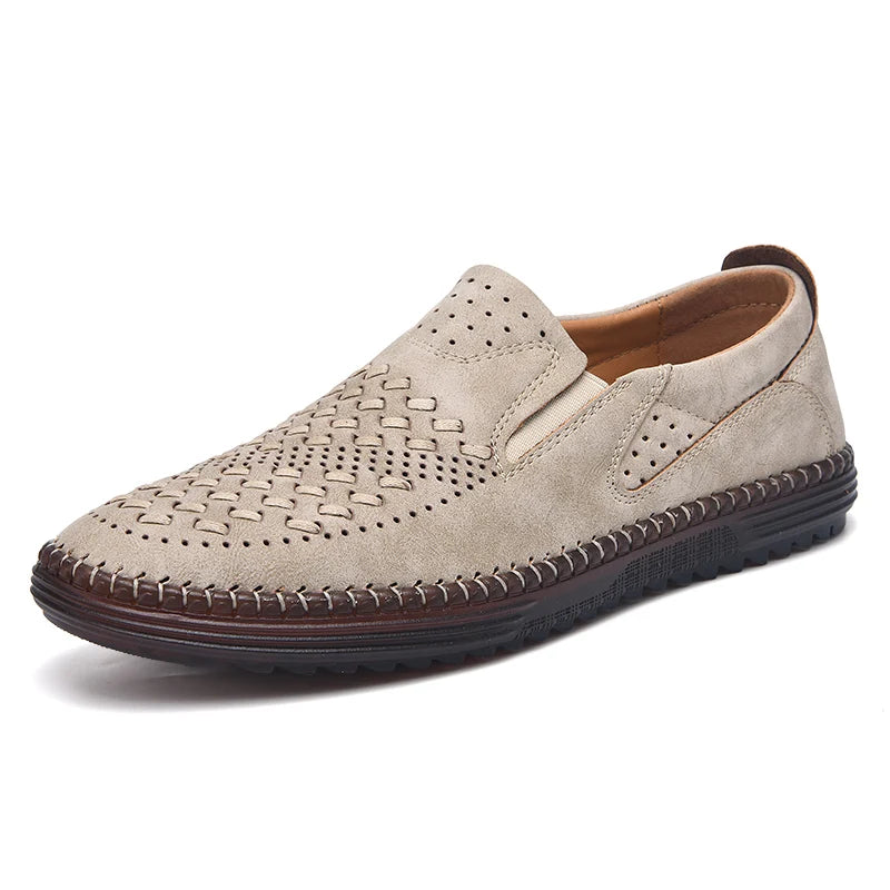 New 2024 Handmade Leather Men Shoes Design Fashion Sneakers Slip On Loafers Summer Mesh Breathable Casual Shoes Men Driving Flat