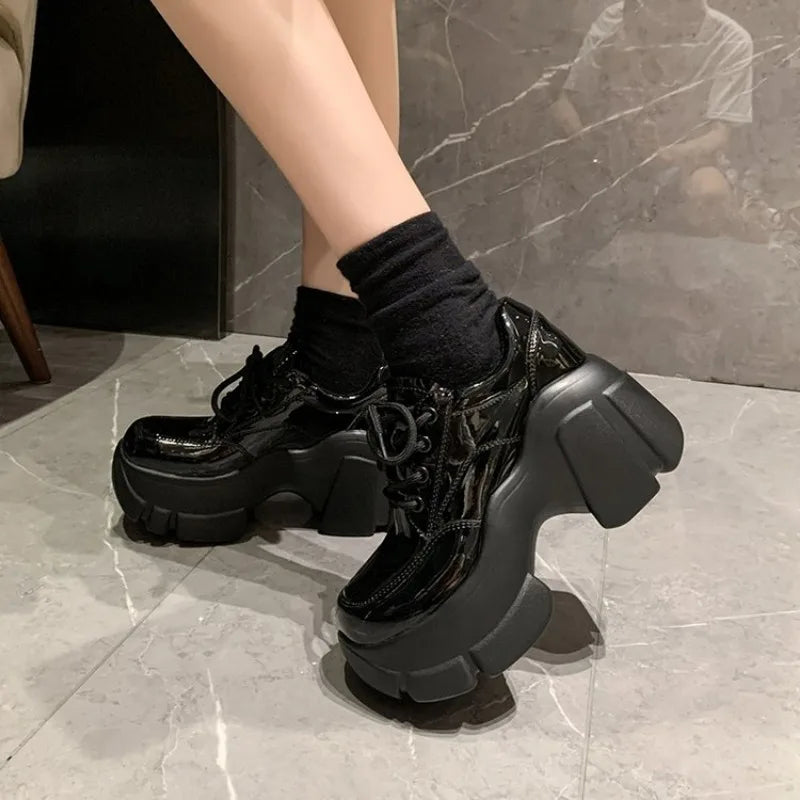 Platform Wedge Sneakers Chunky Shoes PU Leather Women Black Shoes 2025 Spring Autumn Walking Sneakers Fashion Women Tennis Shoes