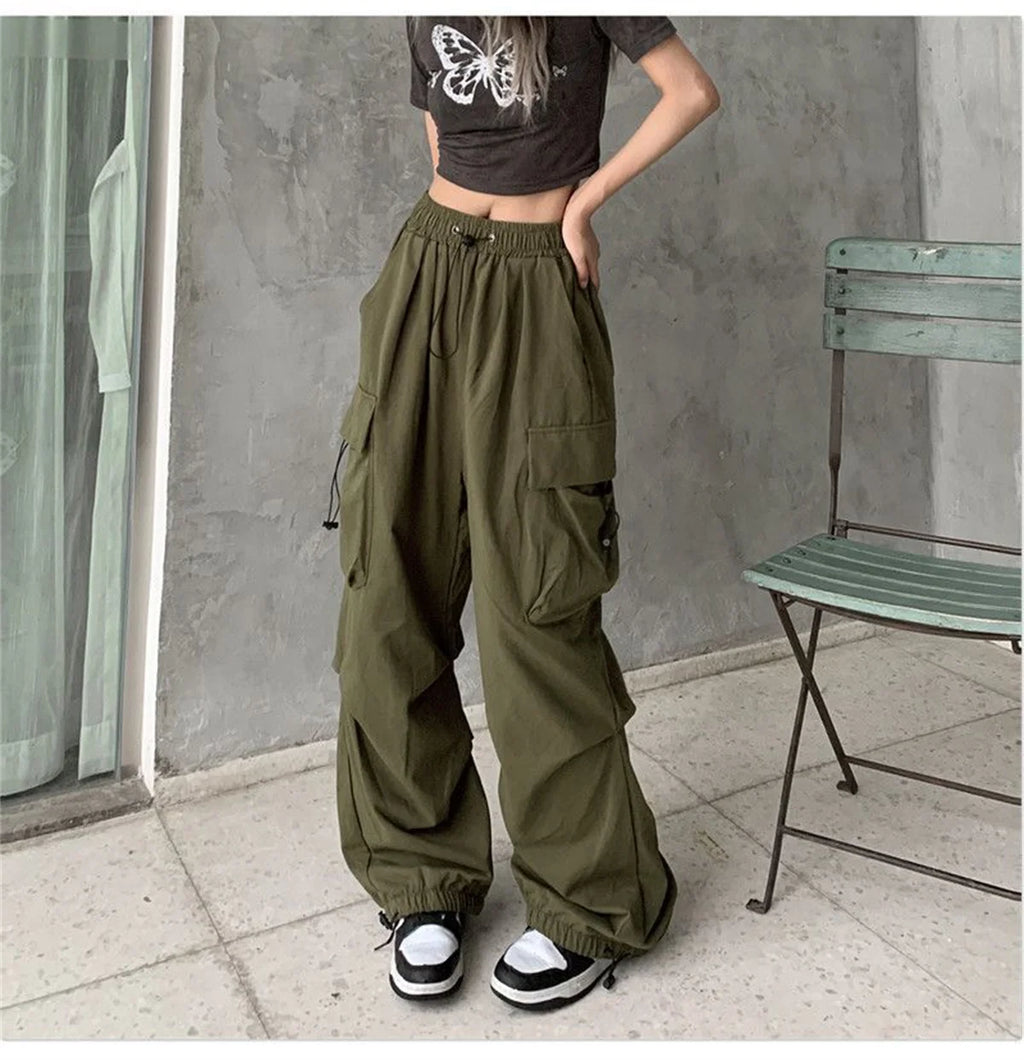 Red Big Pockets Cargo Pants Women High Waist Loose Streetwear Baggy Tactical Trouser Fashion Hip Hop Joggers Trousers Female