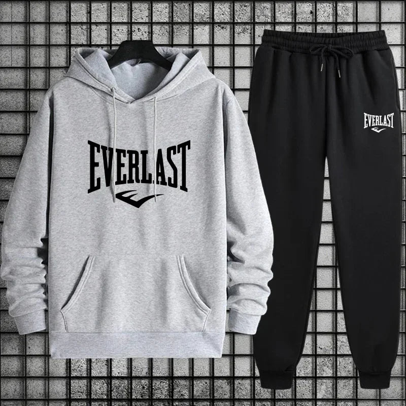New Everlast Men's Sportswear Hooded Sweatshirt and Black Sweatpants Autumn/Winter Urban Leisure Fashion Warm Sports Set