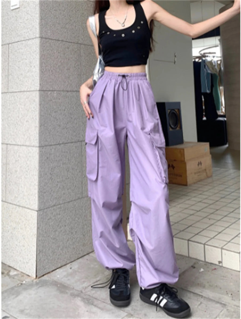 Red Big Pockets Cargo Pants Women High Waist Loose Streetwear Baggy Tactical Trouser Fashion Hip Hop Joggers Trousers Female