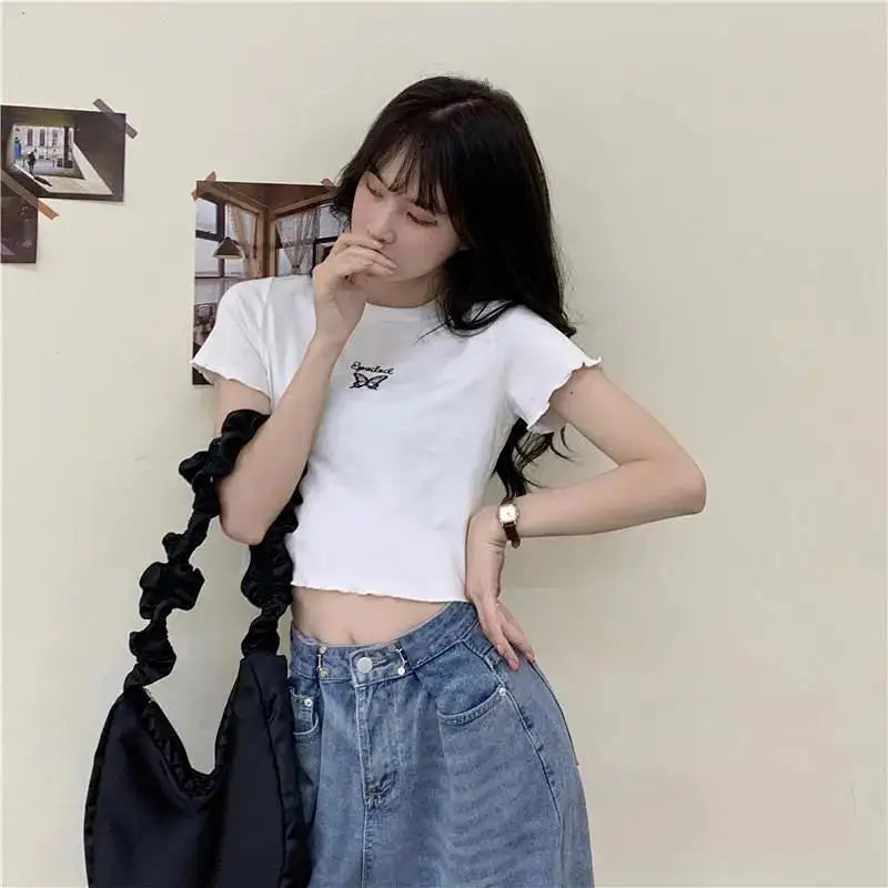 Y2K Crop Top T-shirt Women O-neck High Waist Slim Crop Top Butterfly Embroidered Short-Sleeved Tee Shirt T-shirts  Woman Clothes