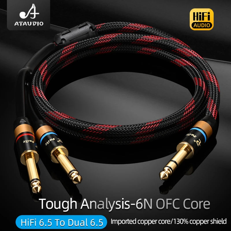 HiFi 6.5mm to Dual 6.35mm 6N OFC Male to Male Y-Splitter 6.5 TRS To 6.35 TS Audio Cable for Mixer Speaker Amplifier