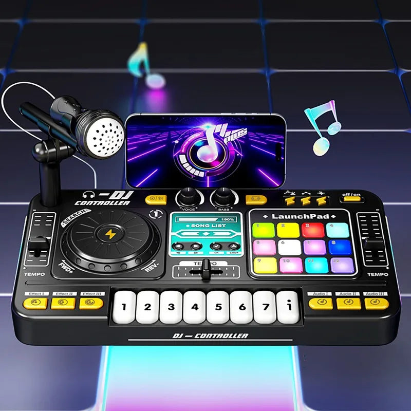 Kid DJ Mixer with Microphone Multifunctional Electronic Piano Keyboard Bluetooth DJ Turntable Controller Kid Musical Instrument