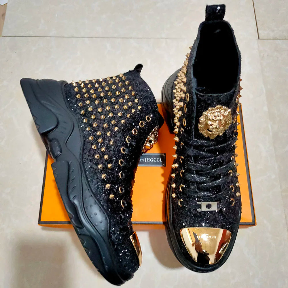 Luxury rivet Boots Men's shoes designer sneakers me n punk high tops gold red light bottom Casual Platfo A7