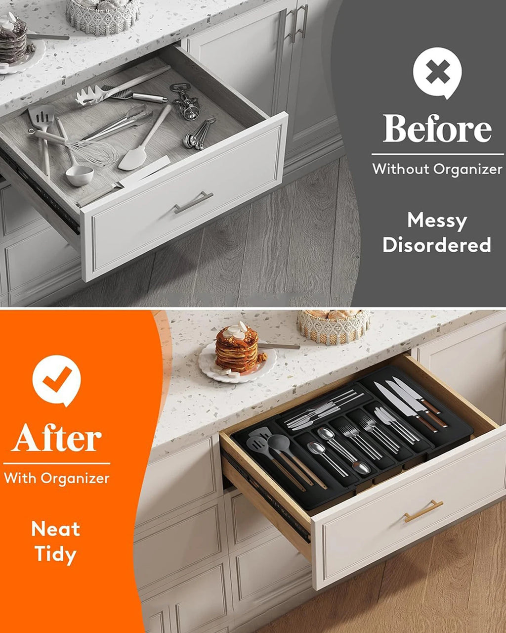 Expandable Kitchen Drawer Organizer - Adjustable Retractable Cutlery Storage Box with Dividers for Utensils, Home Organization