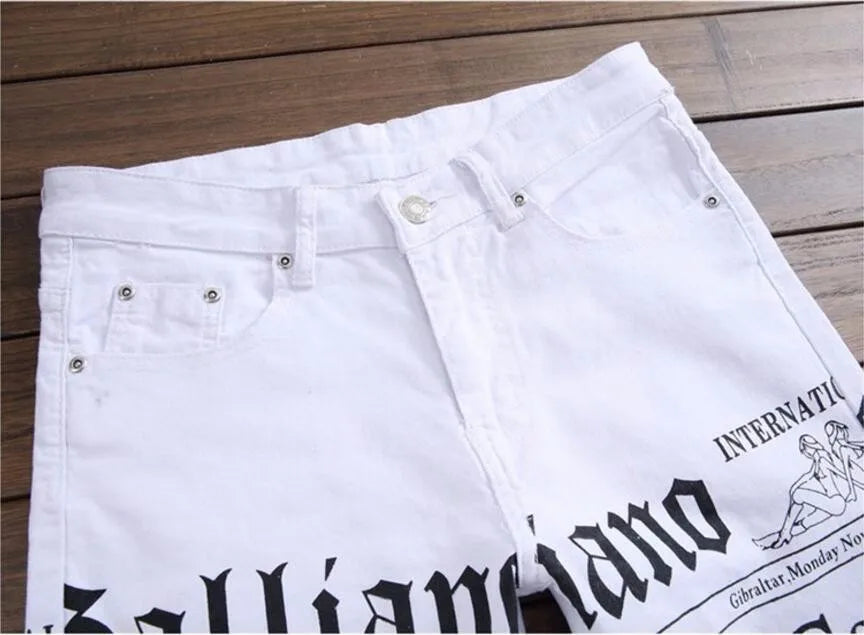 New Men Jeans Slim Fit Biker White Jeans Trousers Skinny Jeans Punk Letter Printing Denim Pants Plus Size 42 Dropshipping