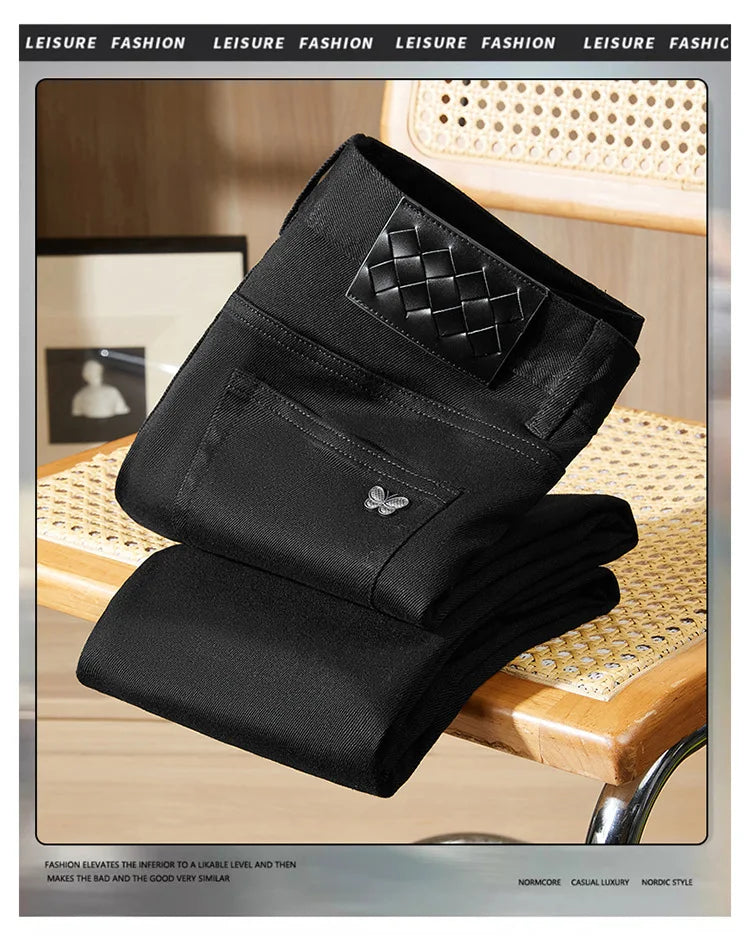 Pure black jeans men's 2025 new light luxury fashion spring and summer versatile elastic slim fit small straight leg pants