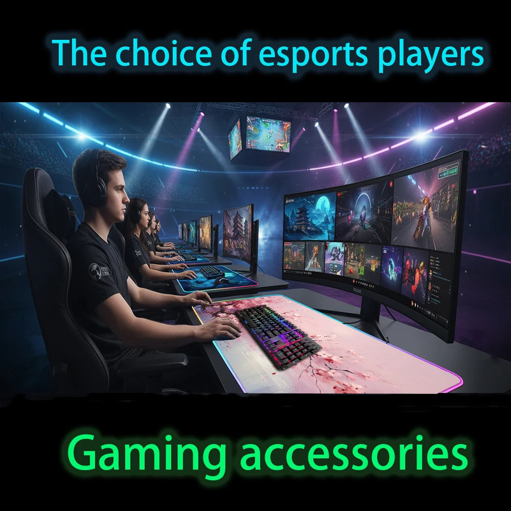 Rgb Cherry Blossom Mouse Pad Lighting Pink Mousepad Sakura Japanese Large Mouse Mat Gamer with Backlight Carpet Led Gaming Mats
