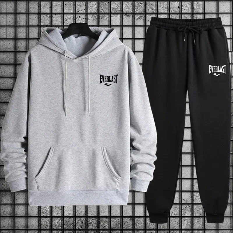 New Everlast Men's Sportswear Hooded Sweatshirt and Black Sweatpants Autumn/Winter Urban Leisure Fashion Warm Sports Set
