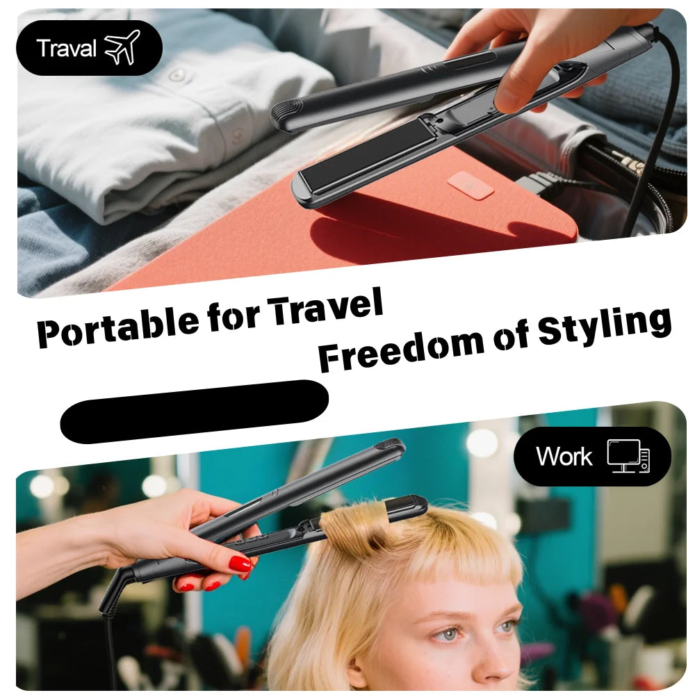 Black Flat Iron Hair Straightener 2-in-1, US Plug for Straightening & Curling, Fast Heat, Compact Portable Hair
