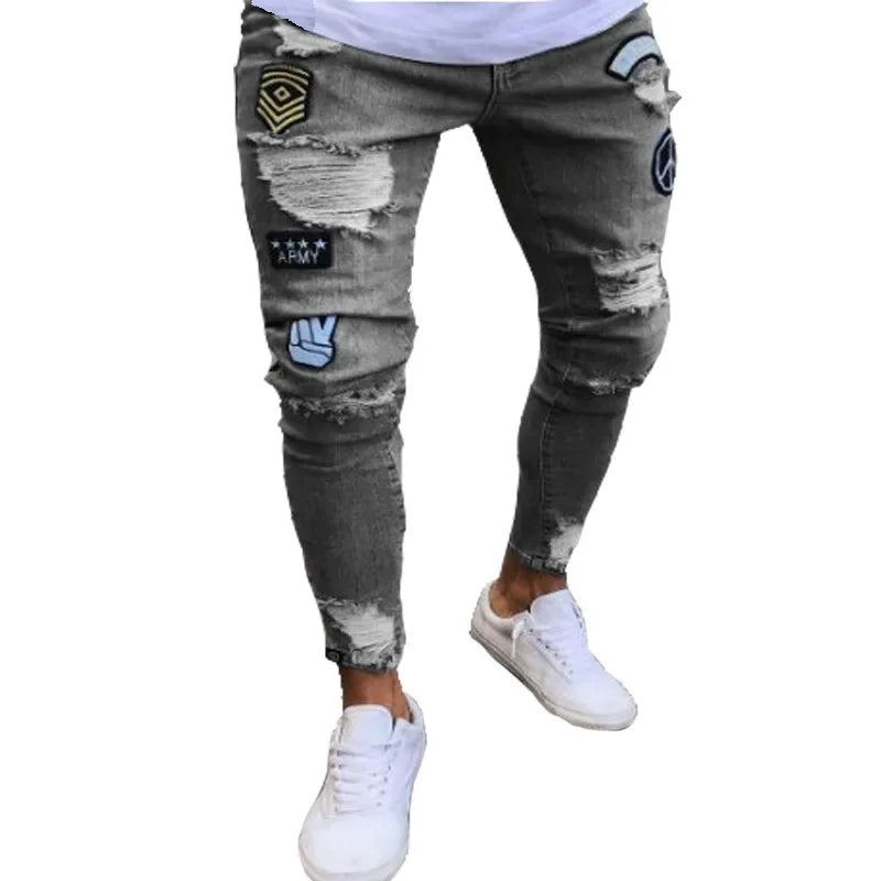 Mens Skinny Ripped jeans Slim scarification Blue Denim Pencil Pants Street hip-hop denim trousers fashion cowboy clothing men