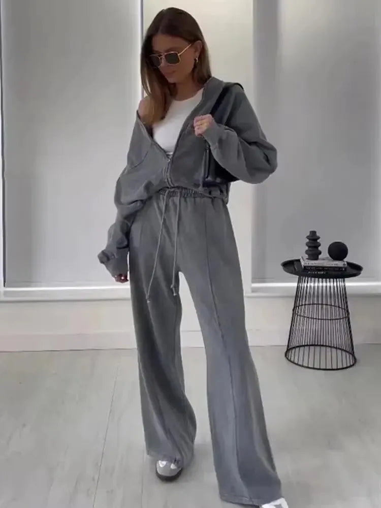 HH Bomber Jacket Pant Set For Women Casual Long Sleeve Zipper Coat Vintage Solid Sweatshirt Suit Autumn Woman Streetwear