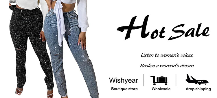 Fashion Skinny Stretch Jeans for Women Luxury Diamonds Hole Pencil Pants High Waist Washed Streetwear Y2k Streetwear Trousers