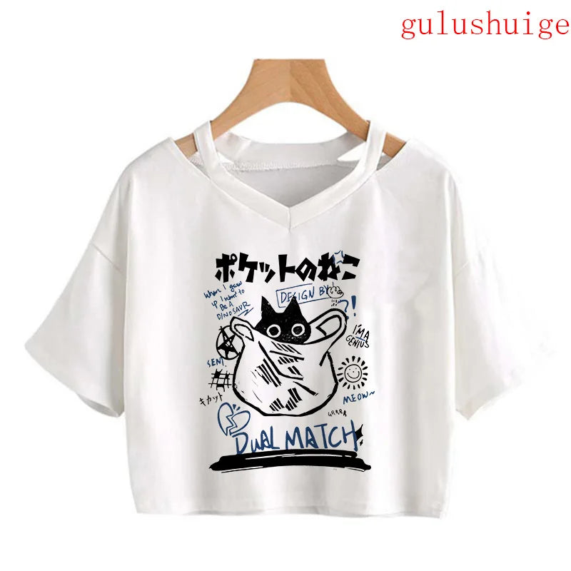 Y2k Crop Top Funny Cute Cat T Shirt Women Shirt Cropped Harajuku Graphic Ulzzang T-shirt 90s Tshirt Top Tee Female Gothic