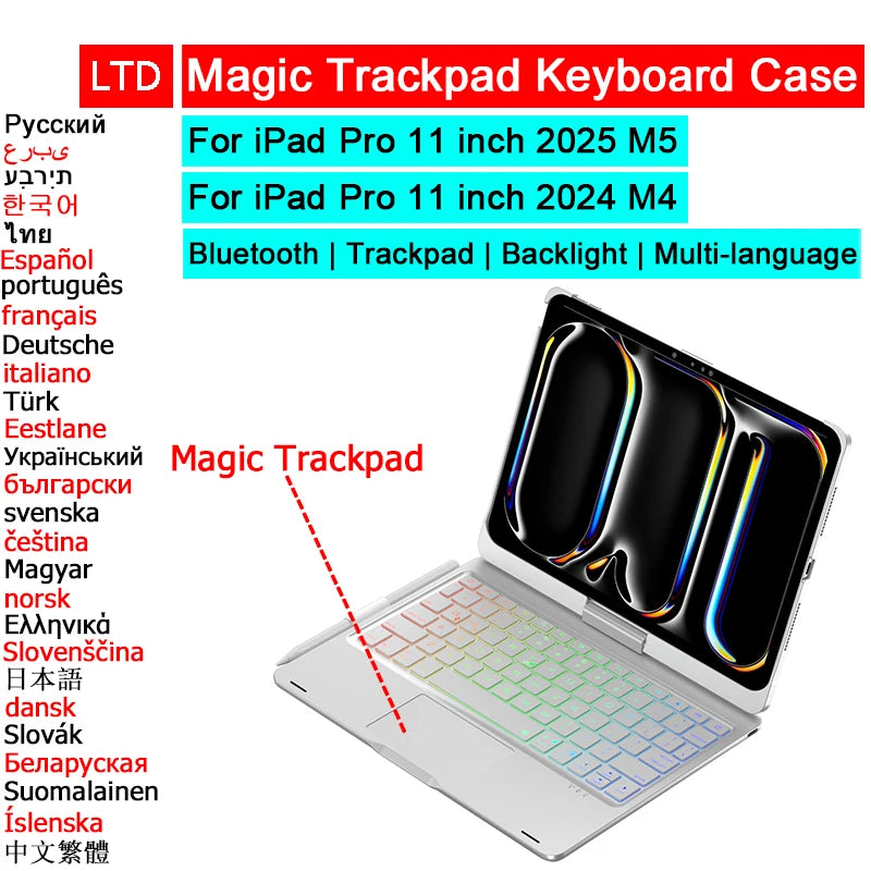Bluetooth Magic Keyboard Case For iPad Pro 11 2024 M4 2025 M5 Tablet Case Touchpad Russian Arabic Hebrew Spanish French Keyboard