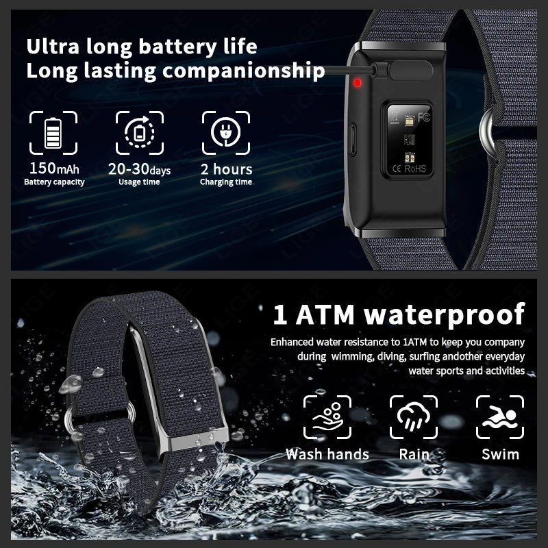 LIGE Smart Watch Men Health Fitness Tracker Screenless Smart Wristband Wearable Multiple Sports Modes 1ATM Waterproof Smartwatch