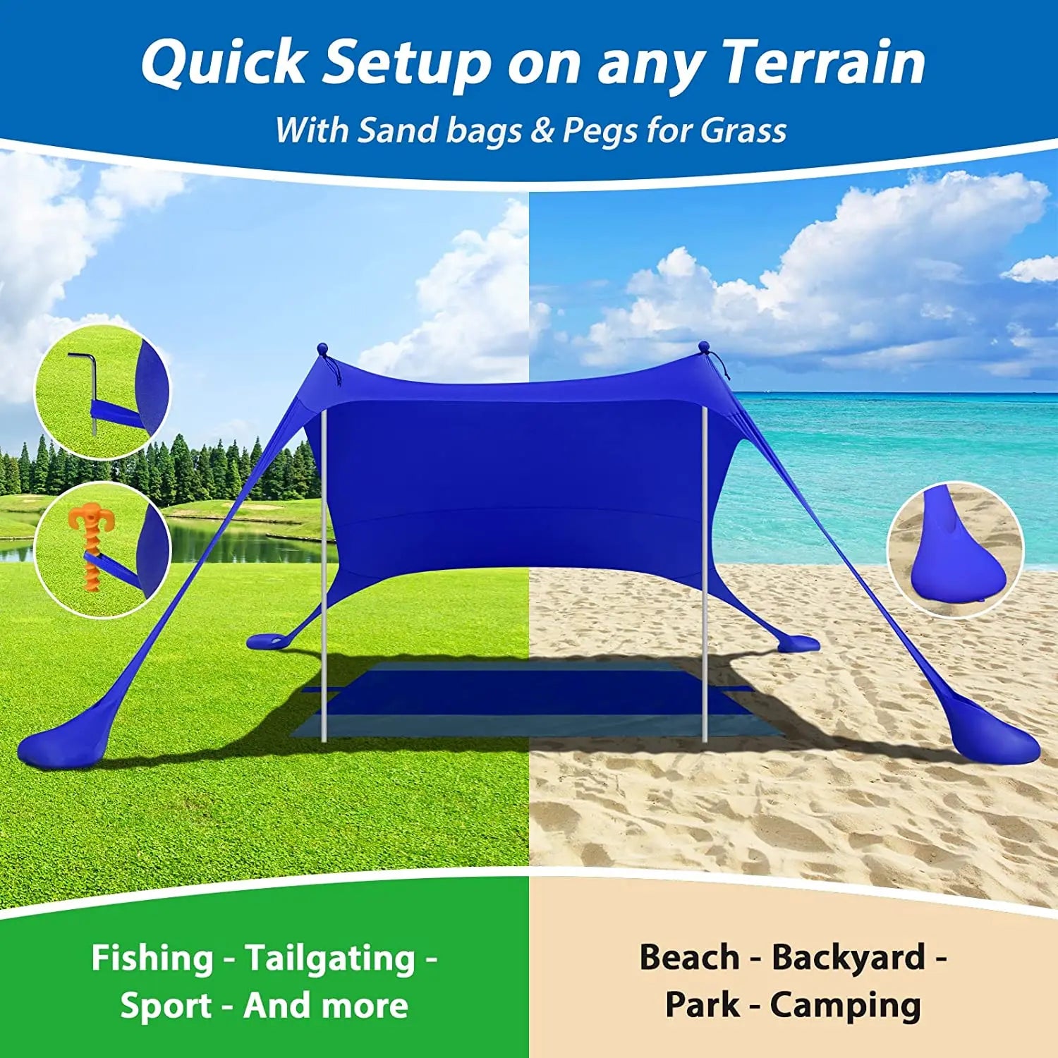 Family Ultralight Beach Awning, Sun Shade Tent with Sandbag, UPF50 + UV Portable Canopy, 2.1m * 1.6m