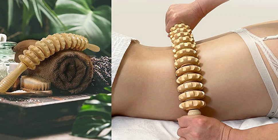 Body Fascia Massager Anti-slip Handle Wood Grooved Gear Arms Legs Thighs Buttocks Smooth Roller Massager for Back Relaxation