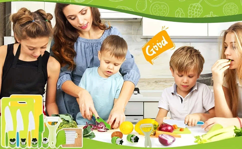 13 pieces Montessori Kitchen Tools Cooking Set - Real Toddler Safe Knives, Crinkle Cutter, Cutting Board - Safe for Real Cooking