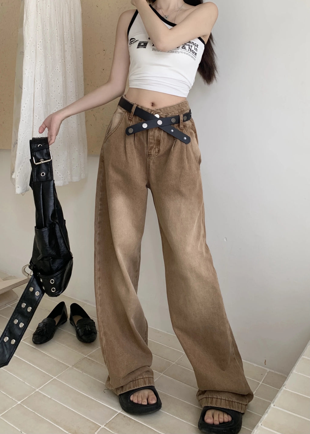 New Solid Color Slim Belt Women Jeans Simple Basic Dark Brown Straight Pants Chicly Fashion Street Casual Loose Woman Jeans