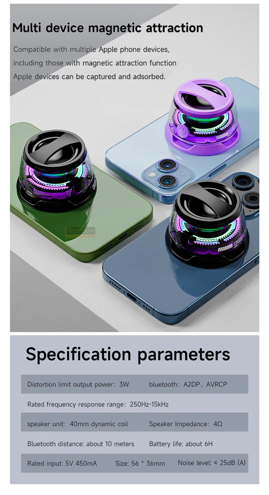 Wireless Bluetooth Speaker Gift Magnetic Bracket Portable High-sound Quality TWS interconnected LED Color Light Mini Speaker