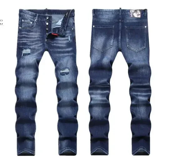 Men Ripped Skinny Denim Jeans Blue Holes Jeans Italian Style Stretch Denim Pants High Quality Male Slim Fit Denim Trousers  38