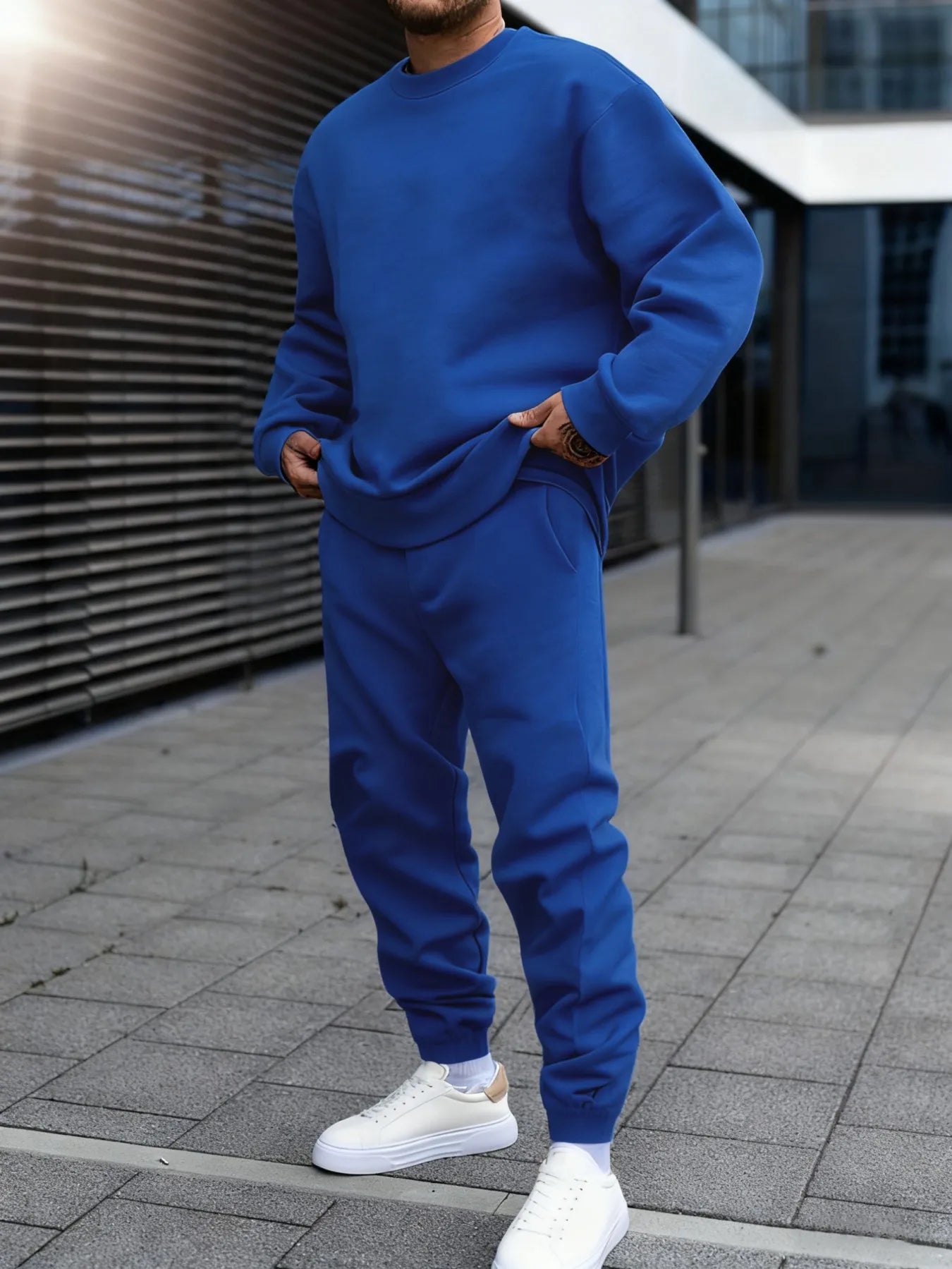Autumn Man Sweatshirt Set Fleece Casual Solid Color Two-piece set Fashion Crewneck Sweatshirts Street Soft Sweatpants