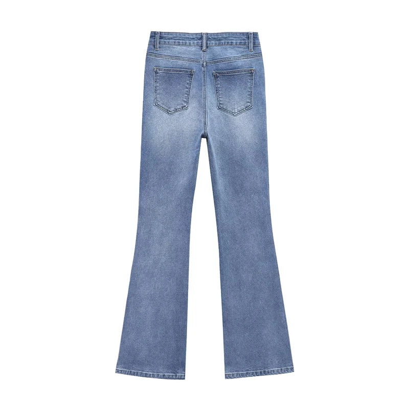 Women's Jeans Basic All-Match Slimming Denim Pants Fashion Metal Button High Waist Flared Pant High End Sense Casual Trousers