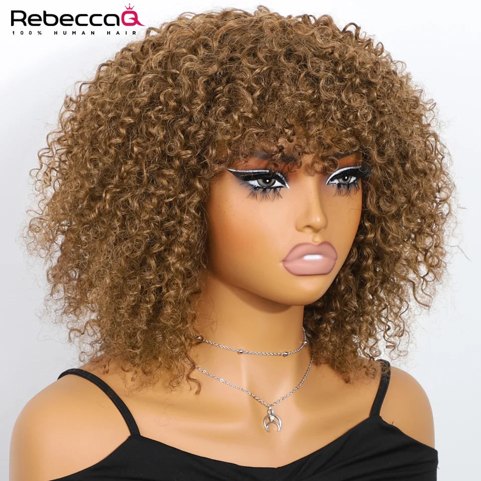 Short Curly Bob Human Hair Wigs with Bangs Afro Kinky Curly Easy Wig Glueless Wig Remy Peruvian Brown Color Curly Human Hair Wig