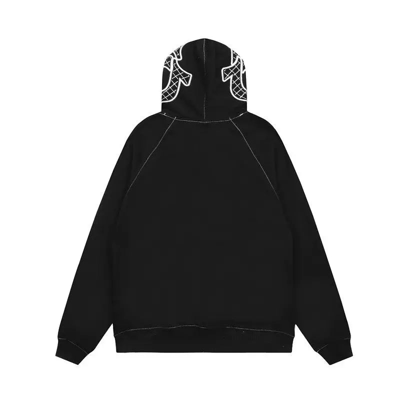 Embroidered Cotton Hoodie Men Vintage Hip Hop Streetwear Oversized Pullover Sweatshirt Women Unisex Casual Hooded Loose Black