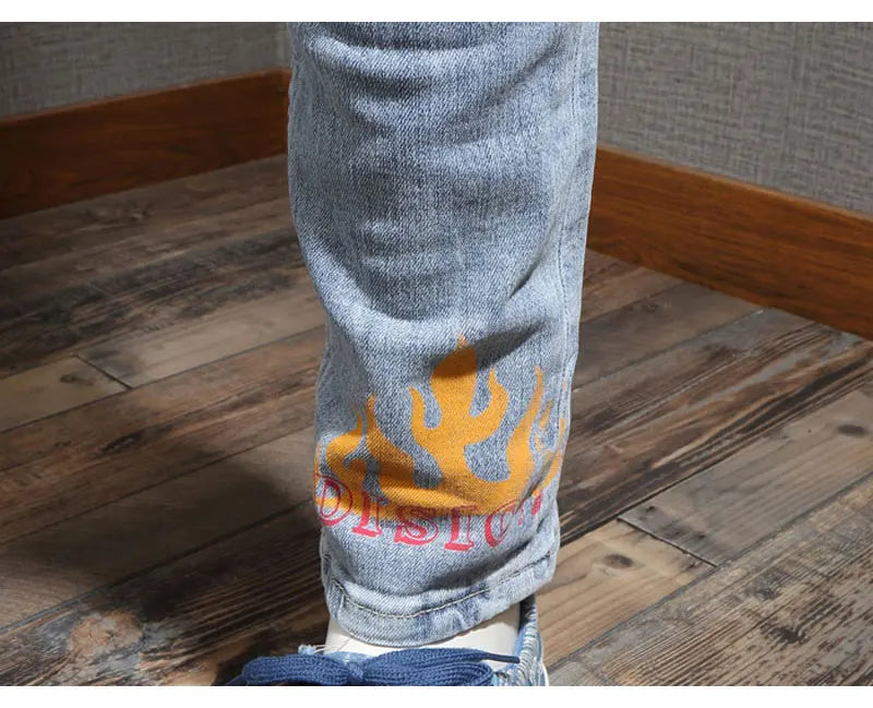 Designer Fashion New Men's Jeans Letter Printed Washed Nostalgic Stretch Slim Fit Retro Light Blue Jeans Hip Hop Brand High Qual