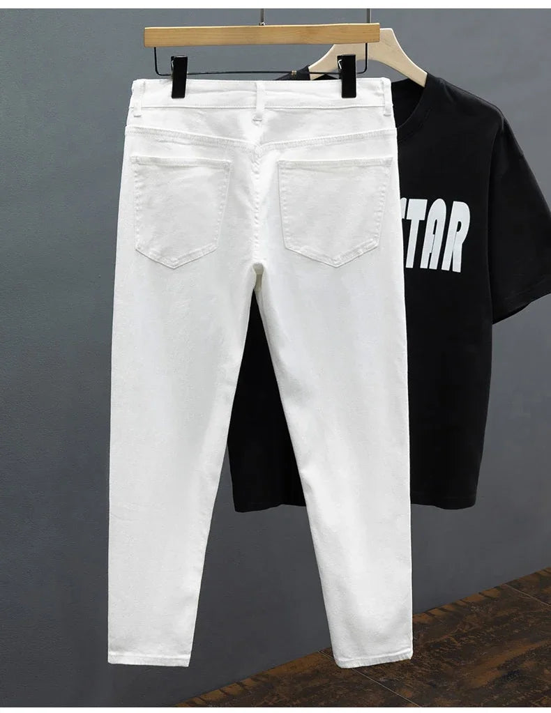 Slim Fit Men's Jeans Spring Summer Thin Cotton Soft Elastic Trendy Ankle Length Pants Straight Korean Simple Denim Trousers