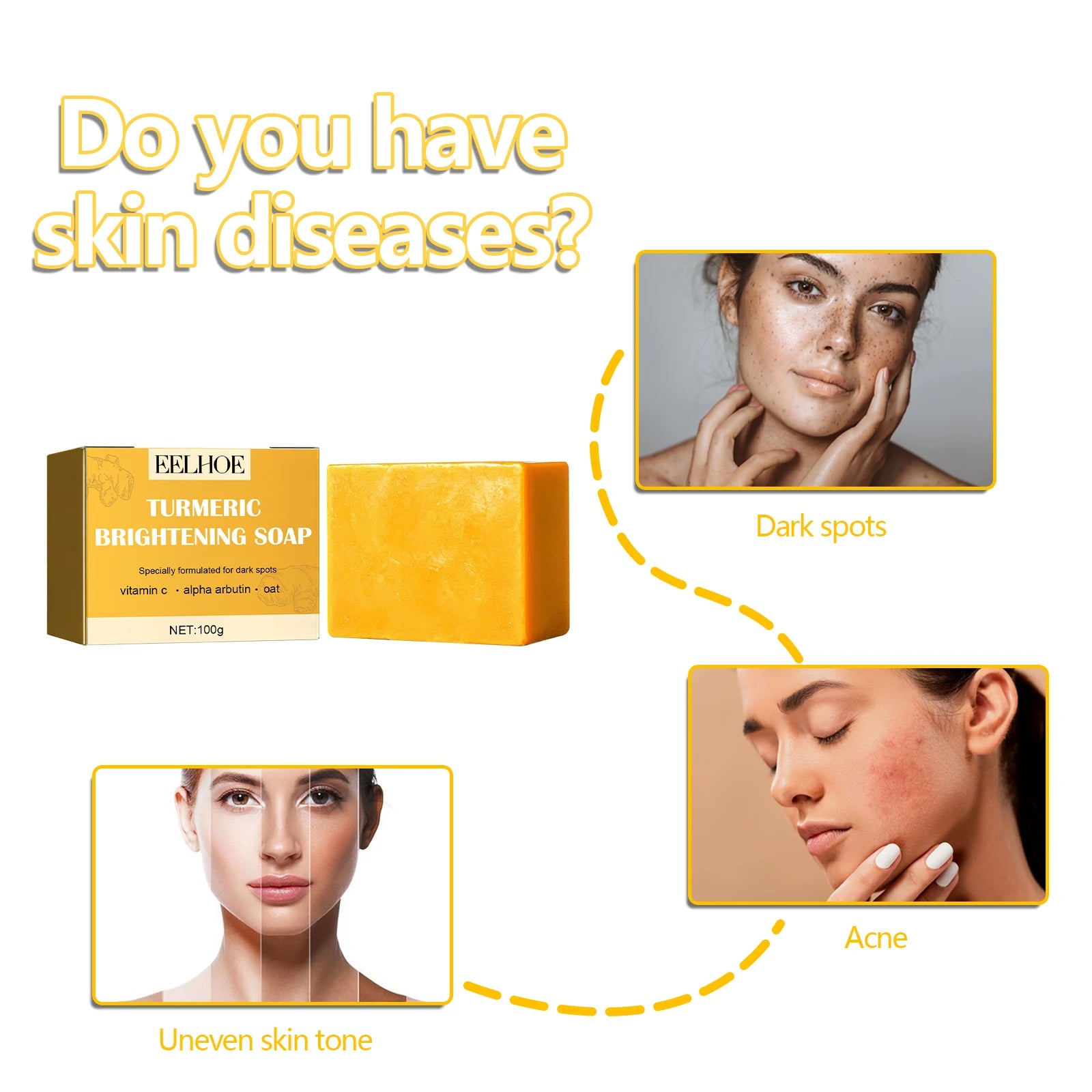 Turmeric Face Soap Brightening Skin Remove Dark Spots Anti-Acne Even Skin Tone Improve Pigmentation Moisturizing Facial Cleanser
