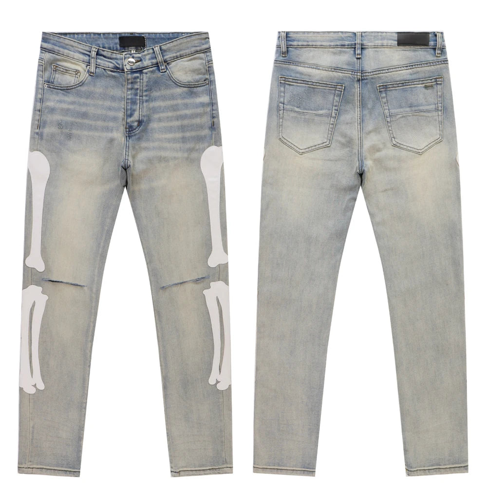 Y2k Clothes Hip-Hop Bones Embroidery Slim Fit Jeans Streetwear Ripped Rock Revivals Jeans Distressed Casual Pants Men's Clothing