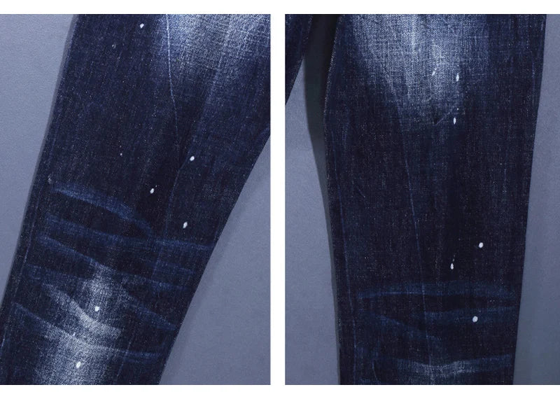 Designer Fashion Men Jeans High Quality Retro Blue Stretch Slim Fit Painted Ripped Jeans Men Brand Vintage Denim Pants Hombre