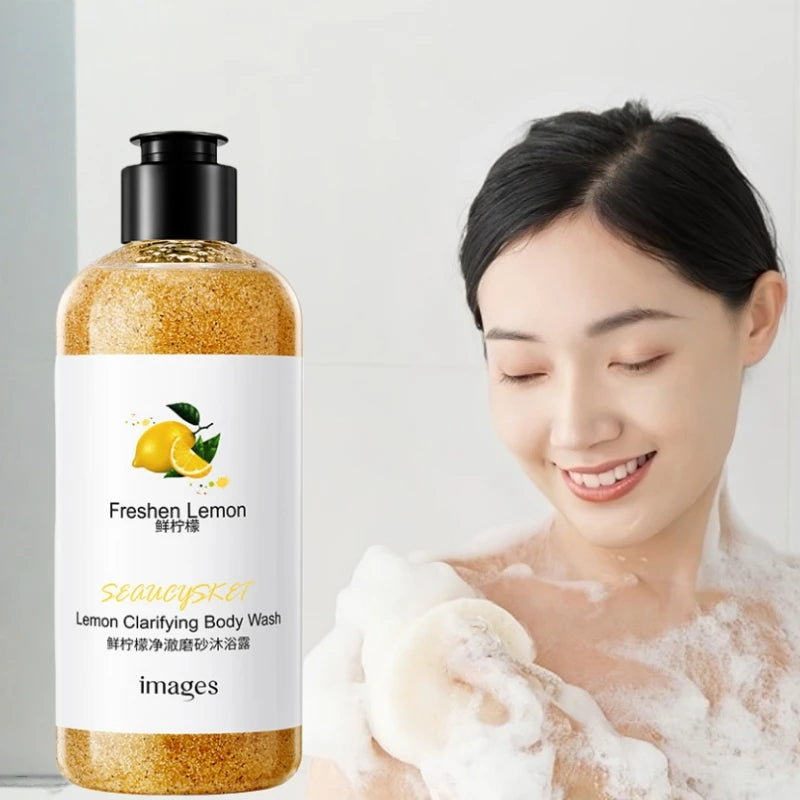 300ml Lemon Scrub Shower Gel, Alcohol-Free, Non-Greasy, Formaldehyde-Free, Rich in Citric Acid, Vitamin E, and Hyaluronic Acid, Suitable for All Light Beige Skin Tones, with a Refreshing Scent, Has Moisturizing, Nourishing, a