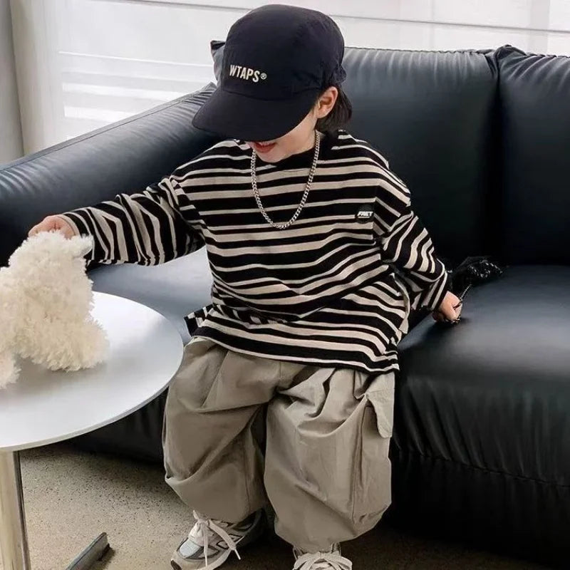 Boys Sets Sweatshirt Pants Two-piece Suits Children's Clothes Spring Autum Korean Fashion Round Neck Pullover Cargo Pants Suits